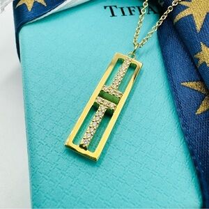 Tiffany & Co. 18K Yellow Gold Diamonds Vertical Bar Pendant Necklace 16”-18”